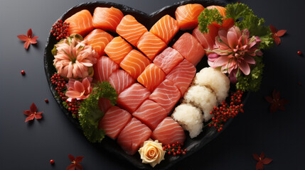 Heart shaped Valentine day sushi set. Classic sushi rolls, filadelfia, maki set for two, with two pairs of chopsticks for Valentines dating dinner, with rose flowers bouquet on dark background - obrazy, fototapety, plakaty