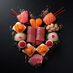 Heart shaped Valentine day sushi set. Classic sushi rolls, filadelfia, maki set for two, with two pairs of chopsticks for Valentines dating dinner, with rose flowers bouquet on dark background - obrazy, fototapety, plakaty