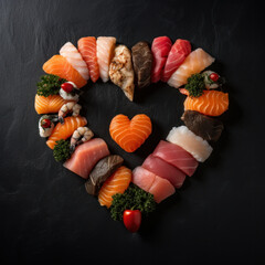 Heart shaped Valentine day sushi set. Classic sushi rolls, filadelfia, maki set for two, with two pairs of chopsticks for Valentines dating dinner, with rose flowers bouquet on dark background - obrazy, fototapety, plakaty