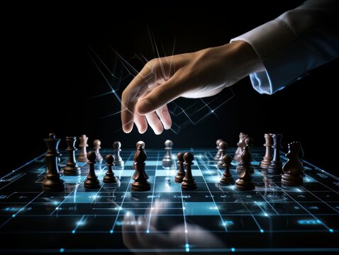 Faceless businessman plays chess. Strategy for success and victory. AI