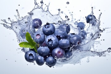 Splash effect of blueberry, high speed photography, on plain white background. Generative AI.