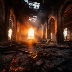 Ruins of abandoned palace or catholic church indoor in the sunshine. AI