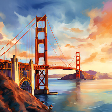 An oil painting of The Golden Gate Bridge