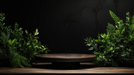 podium for product stand or display with plant background and cinematic light, front view
