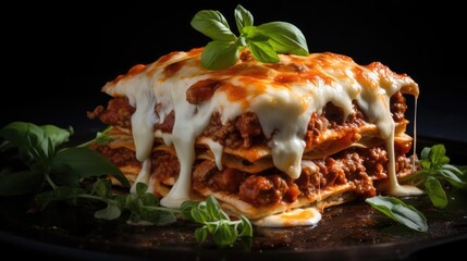 lasagna with melted white cheese on wooden table with black and blurry background