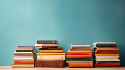 pile of books on minimalistic background or stock of books for world book day background