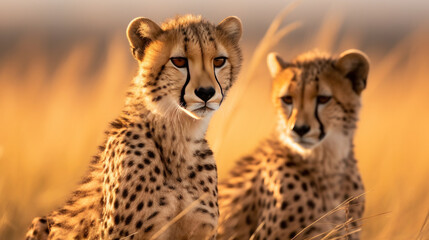 A pair of cheetahs were staring at something.