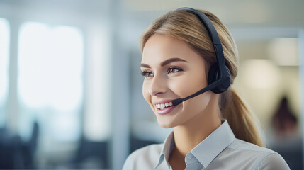 Female employee, call center in the office.
