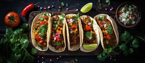 Top down view of healthy plant based pulled pork substitute tacos on a rustic blue wood table