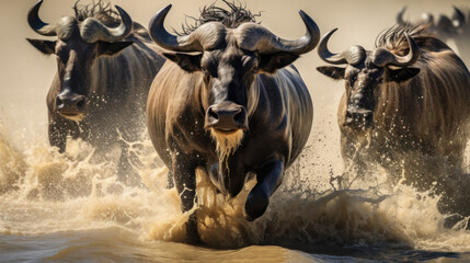 Wildebeest crossing the Mara River during the annual great migration. Every year millions will make...