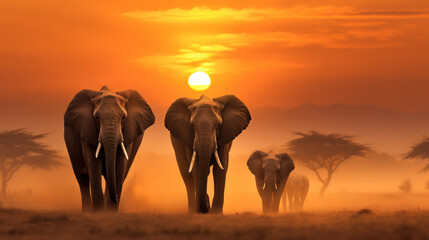 Elephants at sunrise in Amboseli National Park. Horizontal banner in popular social media...