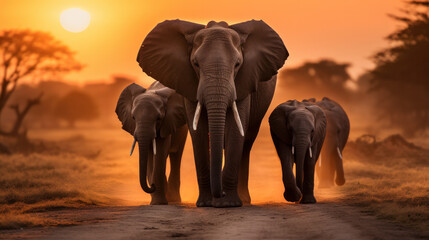 Fototapeta premium Elephants at sunrise in Amboseli National Park. Horizontal banner in popular social media proportions.