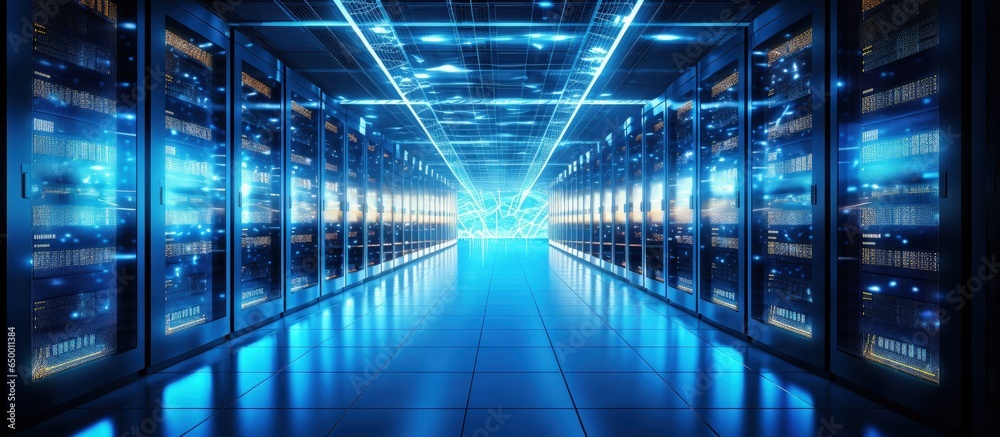 Poster server racks and cabinets filled with hard drives in a large data center for advanced cloud computin