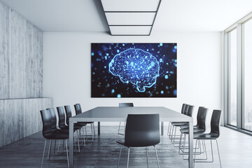 Creative artificial Intelligence symbol on presentation tv screen in a modern meeting room. Neural networks and machine learning concept. 3D Rendering