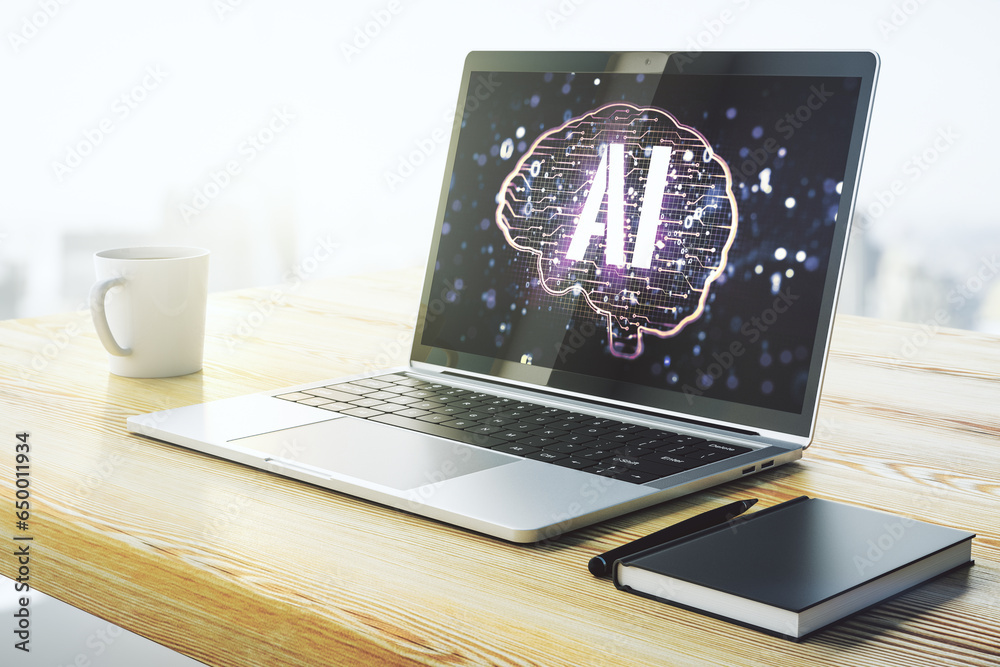 Poster creative artificial intelligence concept with human brain sketch on modern laptop monitor. 3d render