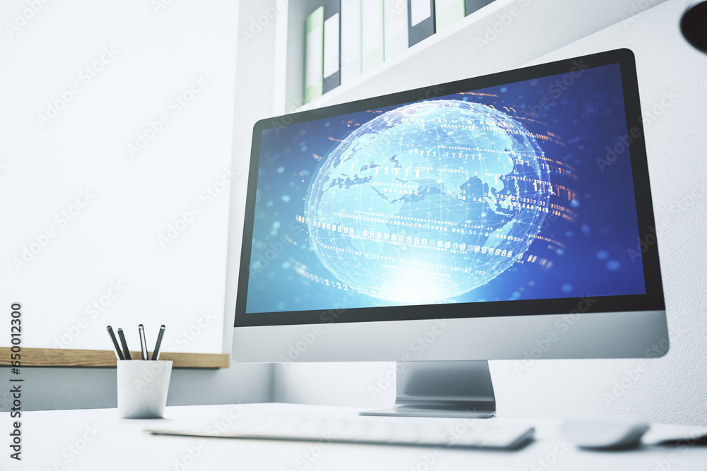Leinwandbilder abstract creative coding concept with world map on modern laptop screen. 3d rendering