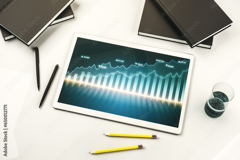 Poster modern digital tablet monitor with abstract creative financial chart, research and strategy concept.