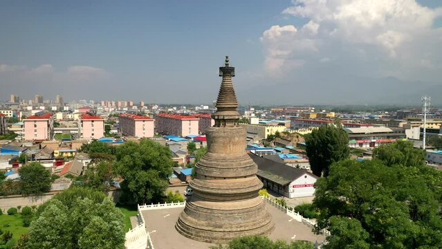Aerial photo of Ayuwang Pagoda in Dai County, Shanxi Province, China,
