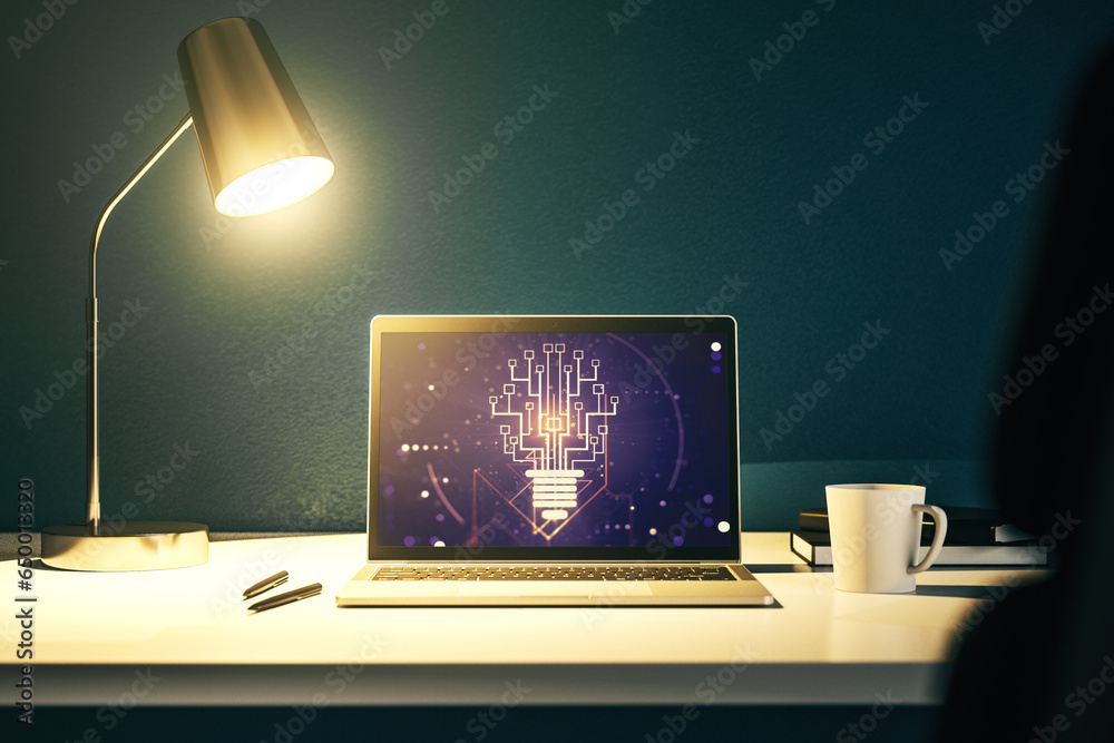 Poster Creative light bulb illustration with microcircuit on modern computer monitor, future technology concept. 3D Rendering