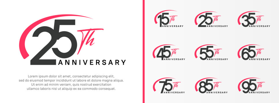 set of anniversary logo black color number and pink swoosh on white background for celebration