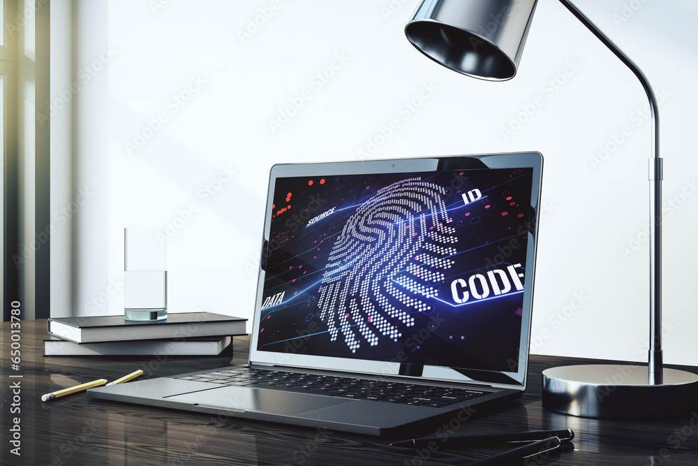 Poster Computer monitor with abstract creative fingerprint illustration, personal biometric data concept. 3D Rendering