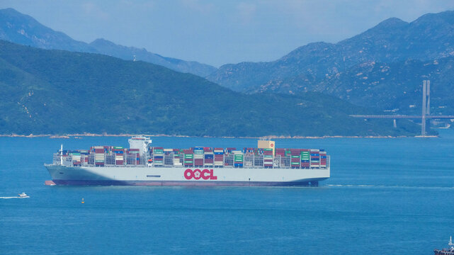 Hong Kong- May 1 2023: OOCL ( Orient Overseas Container)Line cargo ship , one of HK logistic companies . HK logistics face the challege from china and Vietnam port as its cheaper cost