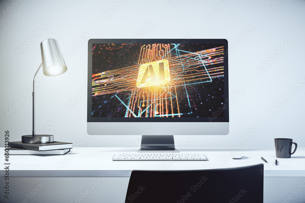 Leinwandbilder Modern computer monitor with creative artificial Intelligence icon. Neural networks and machine learning concept. 3D Rendering