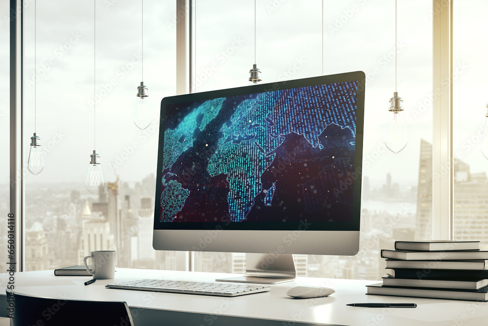Leinwandbilder Abstract digital world map on modern computer monitor, big data and blockchain concept. 3D Rendering