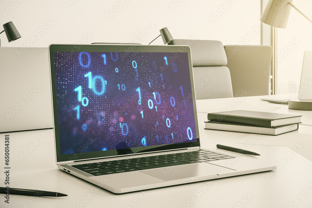 Aufkleber Creative abstract binary code sketch on modern laptop monitor, hacking and matrix concept. 3D Rendering