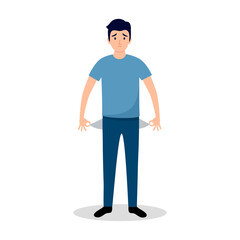 No money. Man with pockets turned outward in flat design on white background.