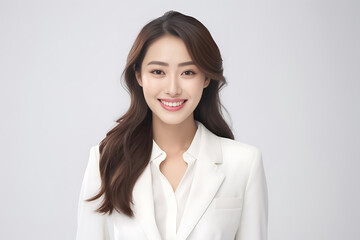 Happy smiling Asian woman posing on her blank white suit while standing isolated over gray background. Professional uniforms such as accountant, office girl, sales. Generative AI.