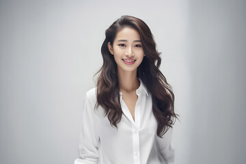 Happy smiling Asian woman posing on her blank white suit while standing isolated over gray background. Professional uniforms such as accountant, office girl, sales. Generative AI.