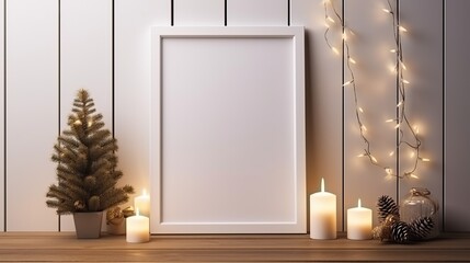 White blank picture frame with Christmas decorations, holidays festive mock up, Generative ai