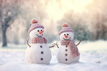 Fototapeta premium Two snowmen with hats and scarfs in a forest