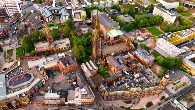 Aerial view of Coventry, a city in central England known for the medieval Coventry Cathedral and statue of lady Godiva