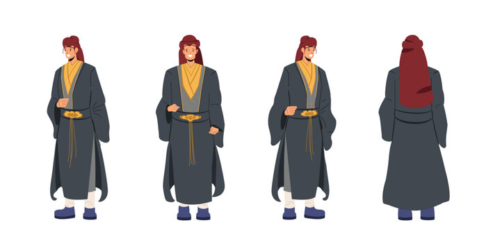 Ancient Chinese men isolated concept. Male character front, back and side view.  cartoon vector illustration.