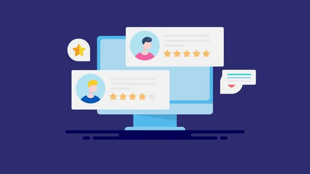 User comment rating, online customer feedback, client testimonial, business location map and listing ranking on computer screen, SEO concept. Video animation.