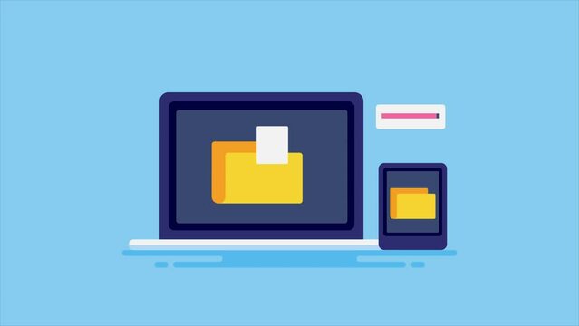 File transfer, encrypted data exchange between laptop and smartphone through secure remote connection, network folder access, information technology, document sharing video animation.