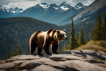 Image of a huge strong grizzly bear on a mountaintop with beautiful landscape scenery in the background.