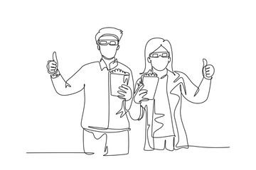 Obraz premium Continuous one line drawing young happy couple giving thumbs up gesture and holding pop corn ready to watch movie on theater. Entertainment concept. Single line draw design vector graphic illustration