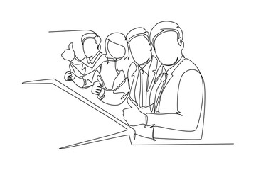 Fototapeta na wymiar Continuous one line drawing young happy businessman and businesswoman giving thumbs up gesture while business meeting. Great business teamwork concept. Single line design vector graphic illustration