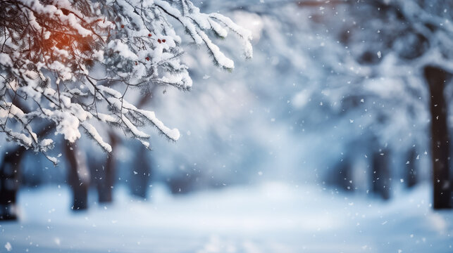 Beautiful winter snowy blurred defocused background, copy space