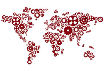Digital png illustration of continents made of dark red cog wheels on transparent background