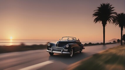 Fototapeta na wymiar Nostalgic Coastal Cruise: Vintage Car Sunset Ride