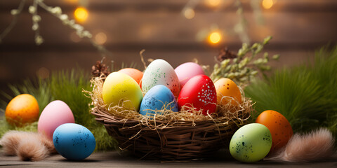Fototapeta na wymiar Colorful happy easter eggs in basket 