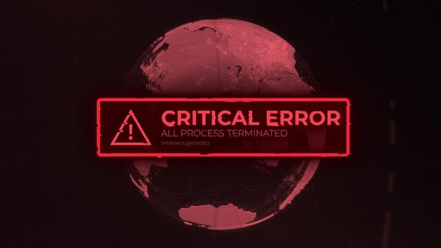 CGI video of red critical error message flashing on computer screen with planet Earth image in background, hacker alert design