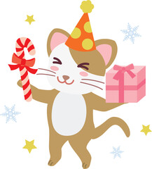 クリスマスにプレゼントをもらってはしゃぐネコ