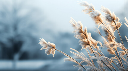 Winter atmospheric landscape with frost covered plants during snowfall. Winter, Christmas background