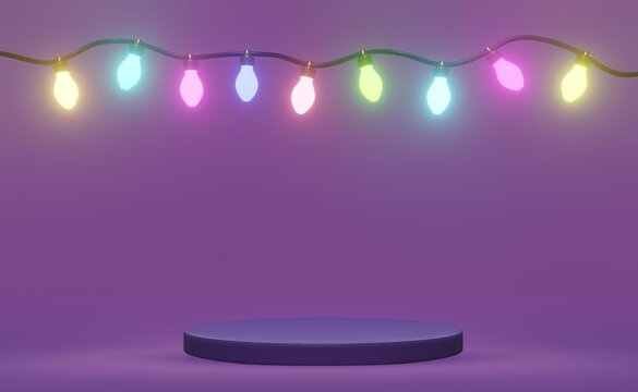 Colorful neon Christmas light 3D render in dark background for merry Christmas, holiday, new year, birth day and party background etc.