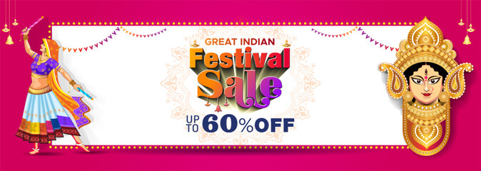 India festive sale offer banner, advertising template design. Indian Navratri, maa Durga puja and Dandiya Dance background. 3d text Festival Sale.